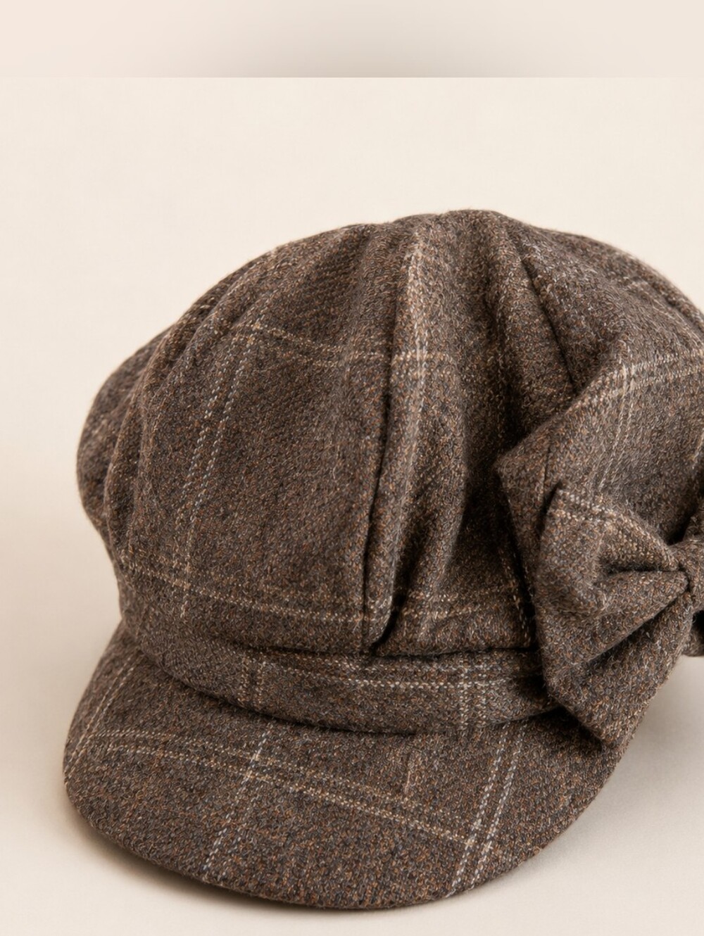 🔵 Brown Plaid Newsboy Cap with Bow Nwot
